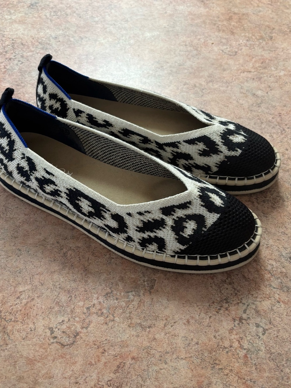 Rothy's The Espadrille Sandy Cat animal print flats missing ankle straps 9.5